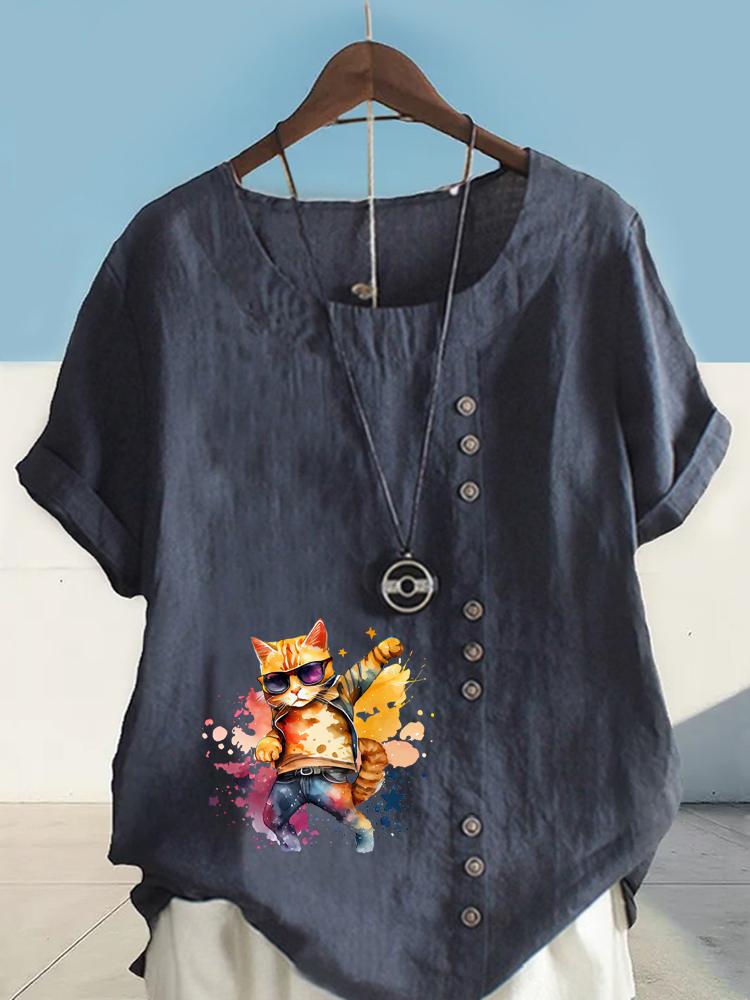 Women's Fashion Cool Cat Print Round Neck Short Sleeve T-shirt Casual Cotton Linen Graphic Shirt Leisure Loose Summer Blouse Tops