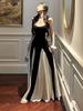 French Splicing Contrasting Color Suspender Dress Women's Summer Design Sense Waist A-word Skirt Large Pendulum Floor Long Dress