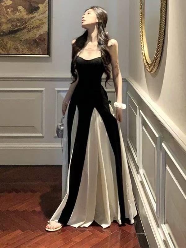 French Splicing Contrasting Color Suspender Dress Women's Summer Design Sense Waist A-word Skirt Large Pendulum Floor Long Dress