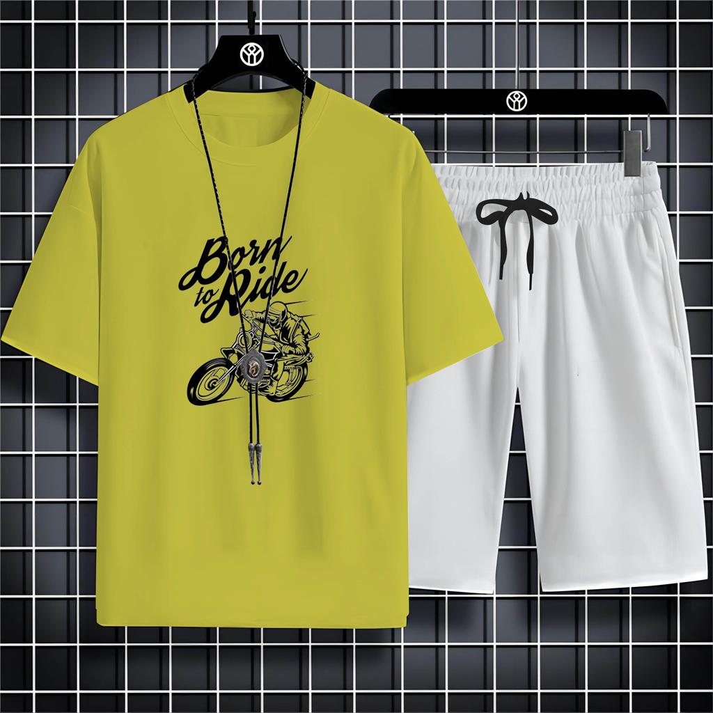 Summer Round Neck Men'S Outdoor Casual 2d Motorcycle Print Loose Comfortable Breathable Short Sleeve T-Shirt Beach Set T-Shirt