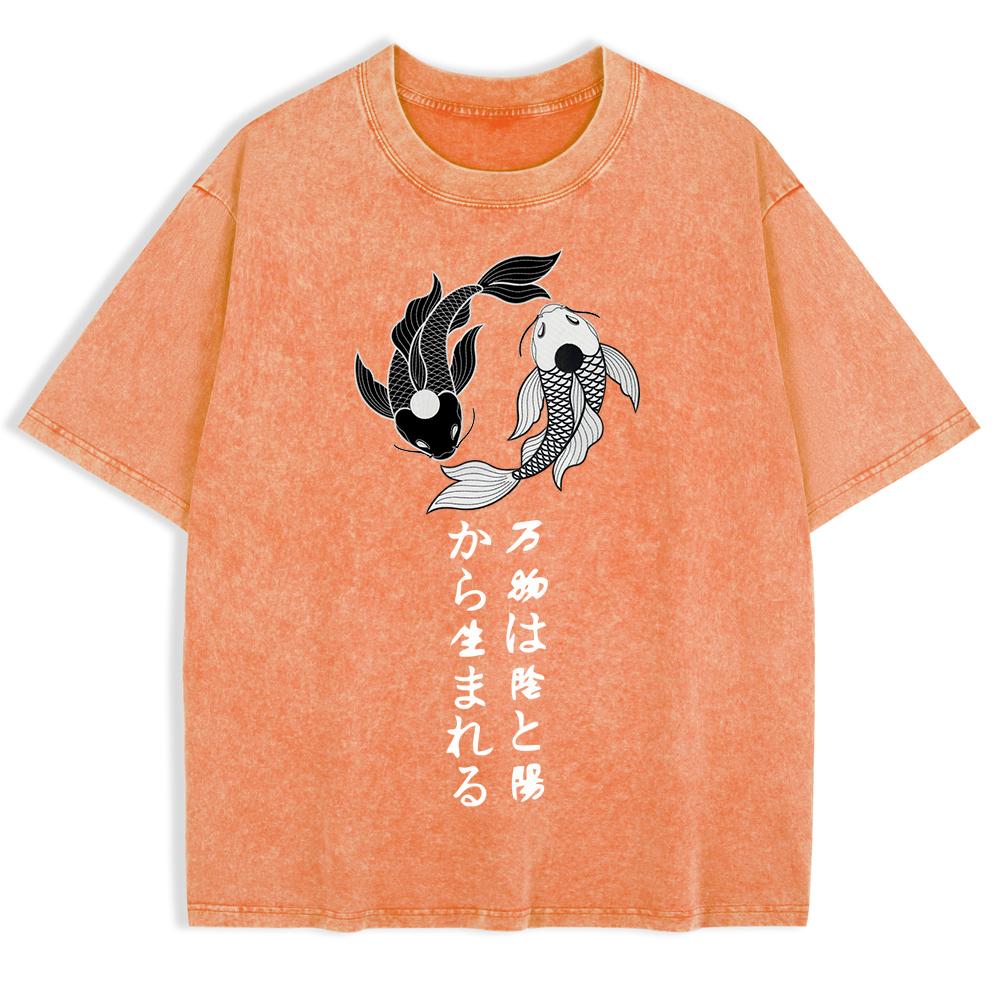 Japanische Koi Harajuku Bedruckte Gewaschene T-Shirts Herren Baumwolle Kurzarm Oberteile Lässig O-Ausschnitt Übergroßes T-Shirt Kleidung