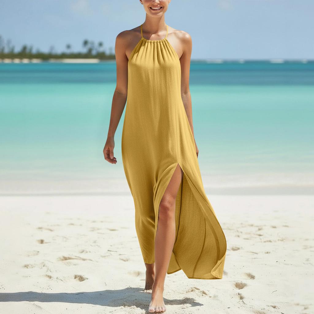 Sleeveless Halter Neck Maxi Dress with Backless Design and Side Slit Lightweight Beach Dress for Women Summer Casual Wear