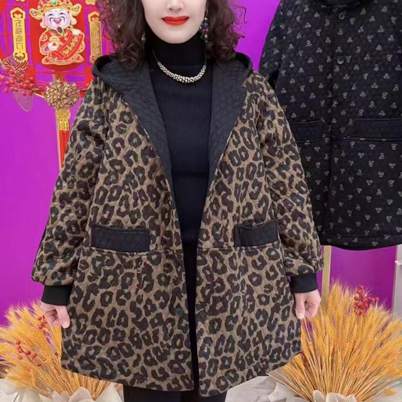 Mid-Length Hooded Leopard Print Trench Coat: Women s Stylish 2025 Autumn/Winter Loose Fit L
