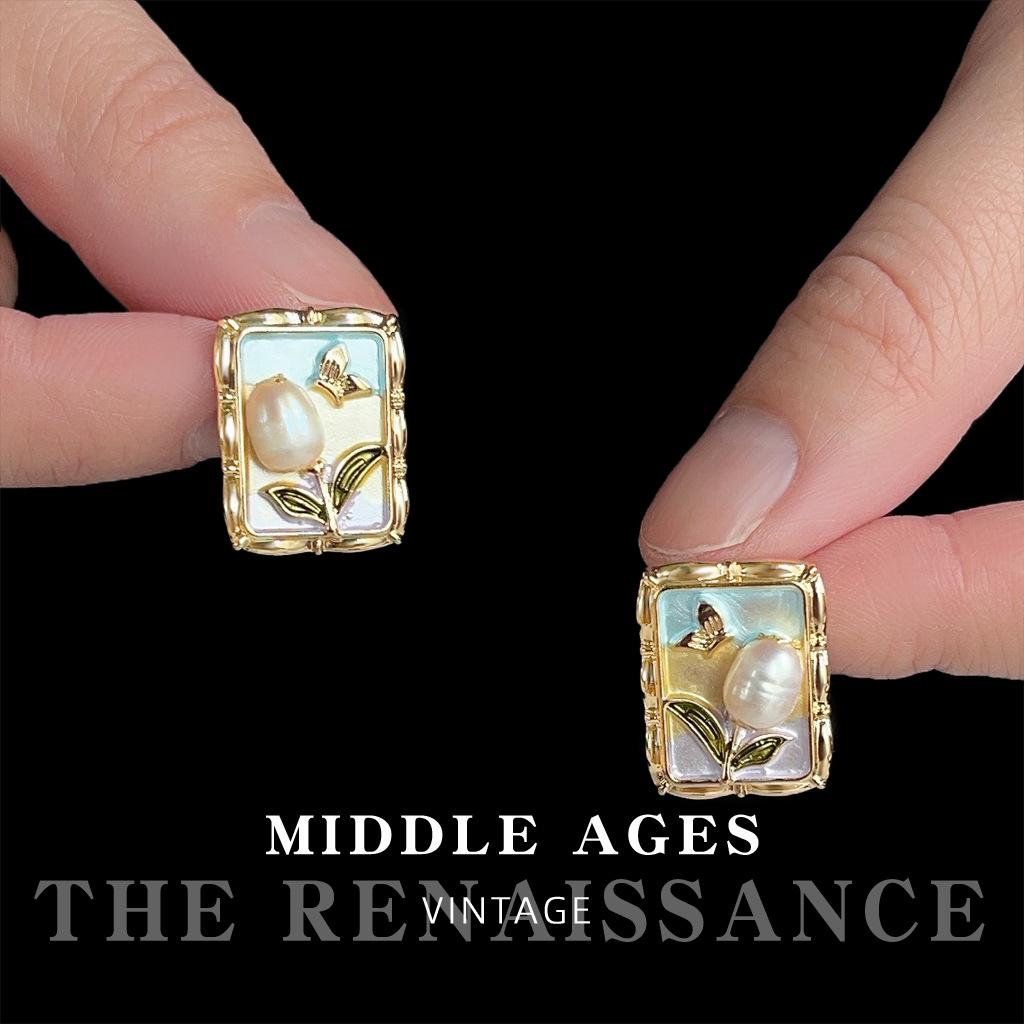 Эмалевые капельные масляные серьги с натуральным пресноводным жемчугом в виде цветка ретро литературные серьги