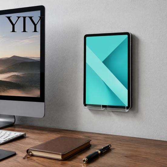 Clear Acrylic Wall Stand Tablet Mount Holder, Universal Mounted Smartphone Stand, Smooth Surface Phone Holder Cable And Charging Hole Organizer