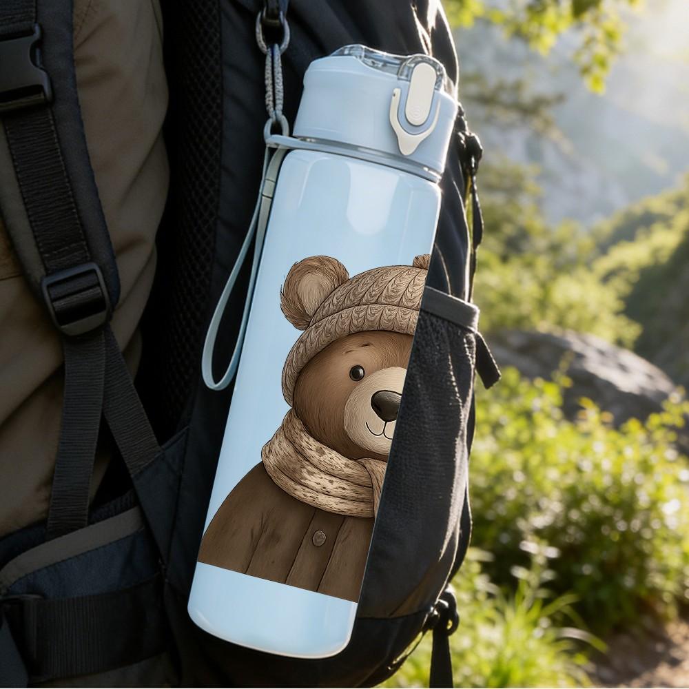 1PC Warm Scarf Bear Cartoon 750ml Color Plastic Sports Water Bottle Leakproof Flip Straw Lid Suitable for Sports Office Home Use