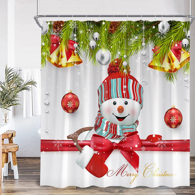 Funny Snowman Shower Curtain Silver Pine Branches Winter Forest Cedar Red Truck Elf Christmas Bath Curtains Home Bathroom Decor