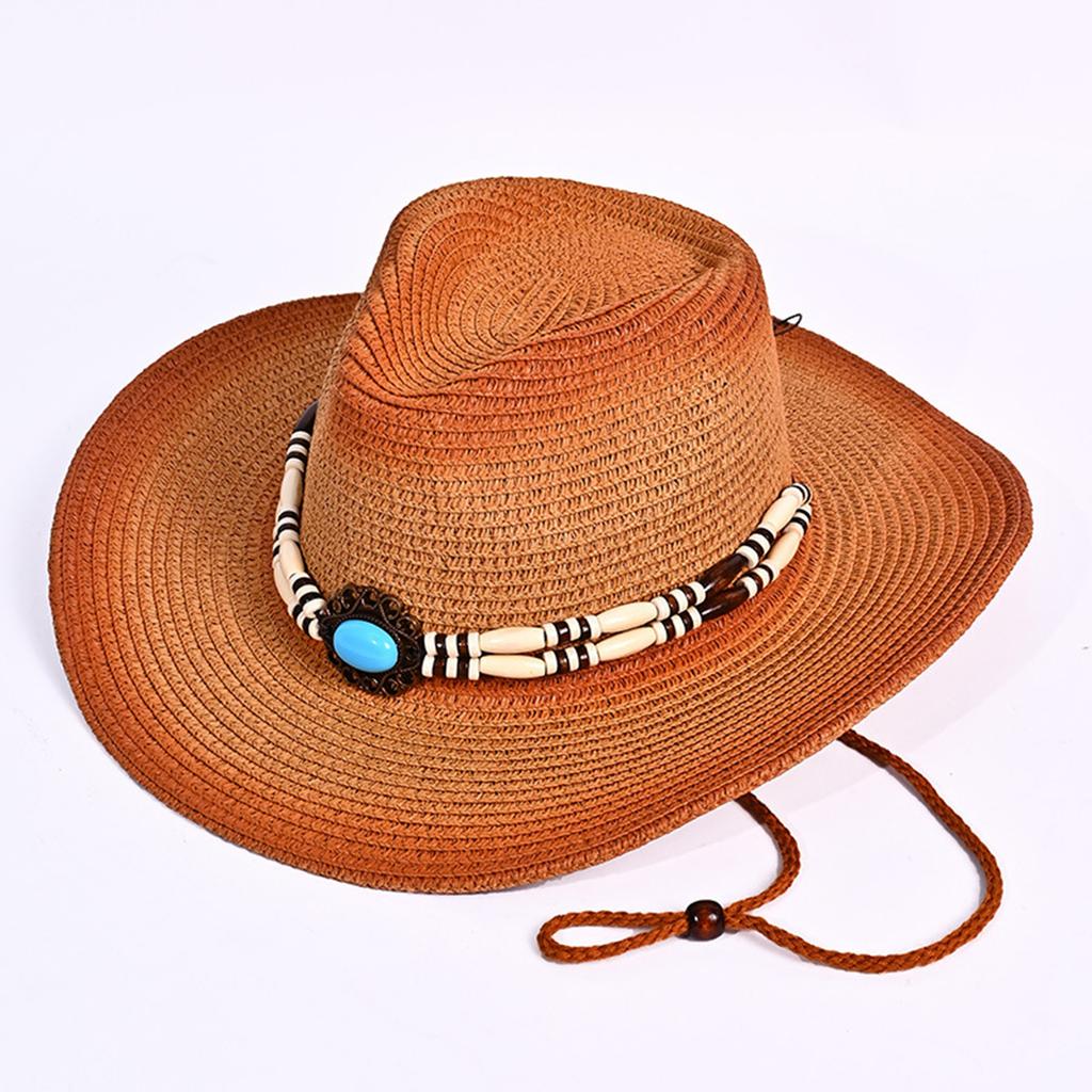 Women Men Bead Belt Straw Cowgirl Hat Retro Wide Brim Western Cap with Windproof Rope Outdoor UV Protection Jazz Hats
