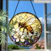 2D Flat Stained Glass Vintage Bee Window Decoration, 7.87inches Bee Flower Design Colored Glass Plate with Chain, Charming Spring Summer Sun Catcher