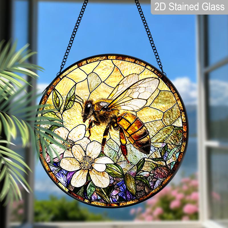 2D Flat Stained Glass Vintage Bee Window Decoration, 7.87inches Bee Flower Design Colored Glass Plate with Chain, Charming Spring Summer Sun Catcher