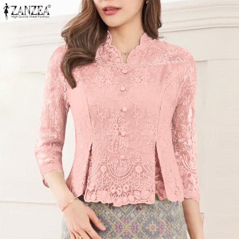 

ZANZEA Elegant V-Neck 3/4 Sleeve Women Casual Embroidery Lace Blouse S світло-зелений колір