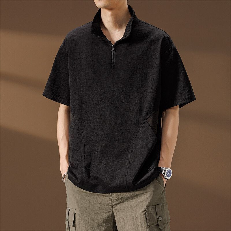 Summer High Street Cool Men's Polo Shirt Thin Short Sleeve T-Shirt Loose Ice Silk Collarless Shirt Japanese Style Loose Fit