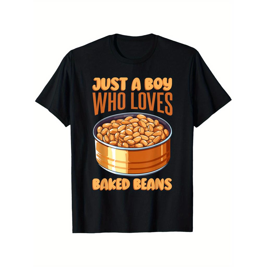 Just A Boy Who Loves Baked Beans Graphic Tee Casual Cotton Short Sleeve Tshirt For Men