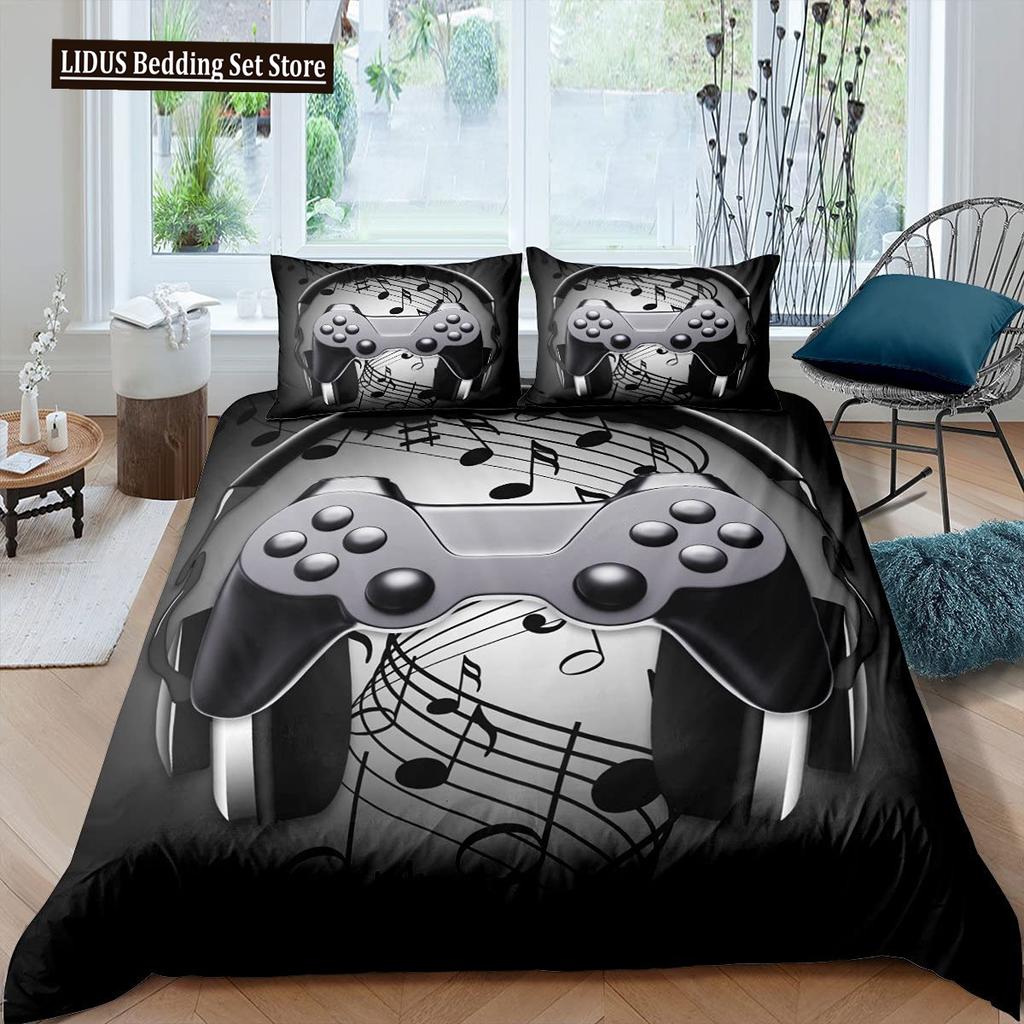 Gamer Duvet Cover Set Rotating Music Comforter Cover Gamepad Gaming Bedding Set For Boys Headphone Bedspreads Cover Queen Size