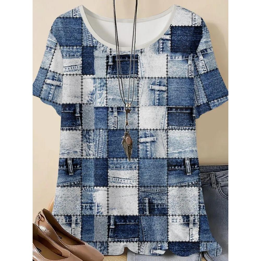 Creative Splice 3D Printed Short Sleeved T-shirt Fashionable Comfortable Soft Breathable Large Loose Womens T-shirt