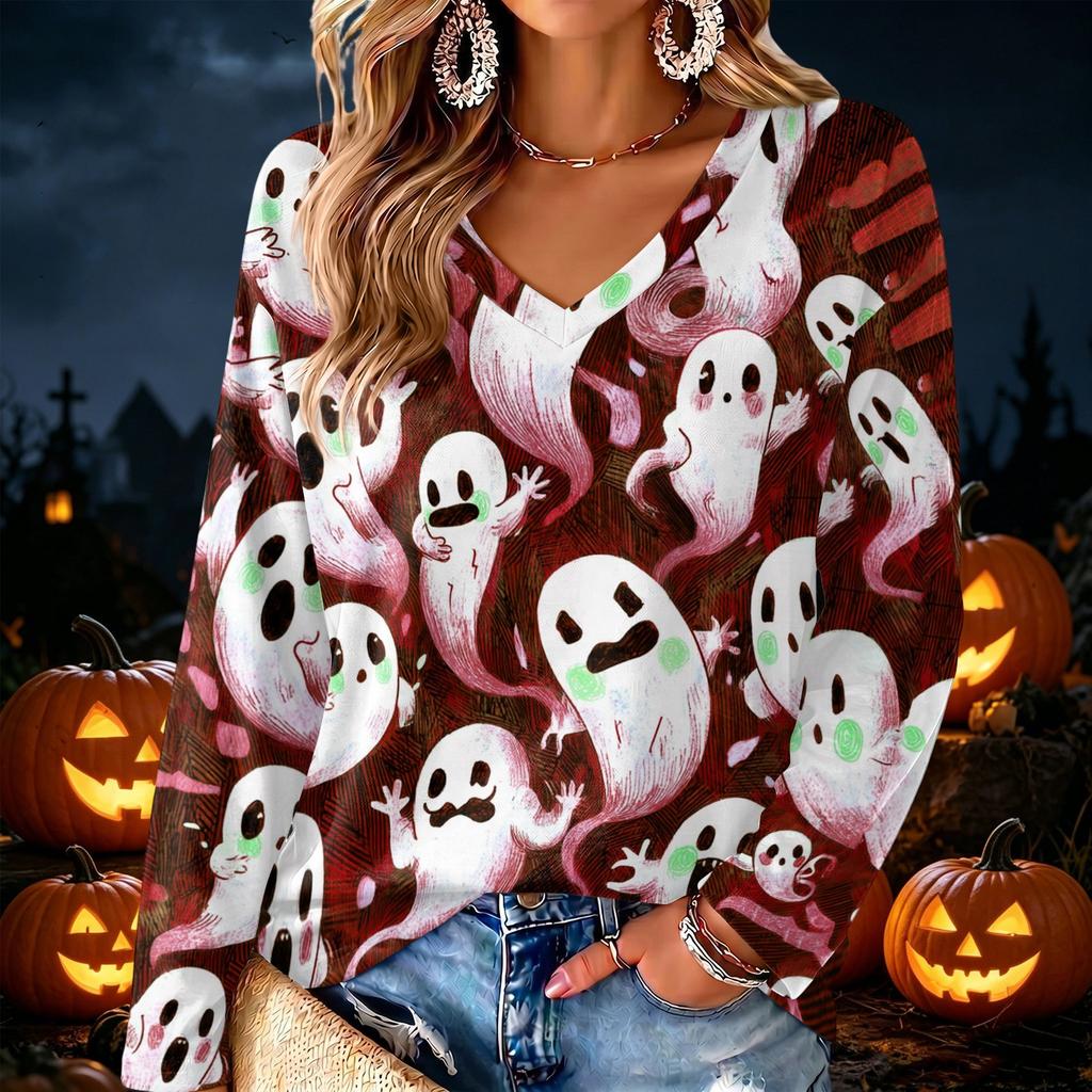 Women's V-Neck Long Sleeve Halloween Print Lightweight Blouse for Fall Parties and Everyday Wear