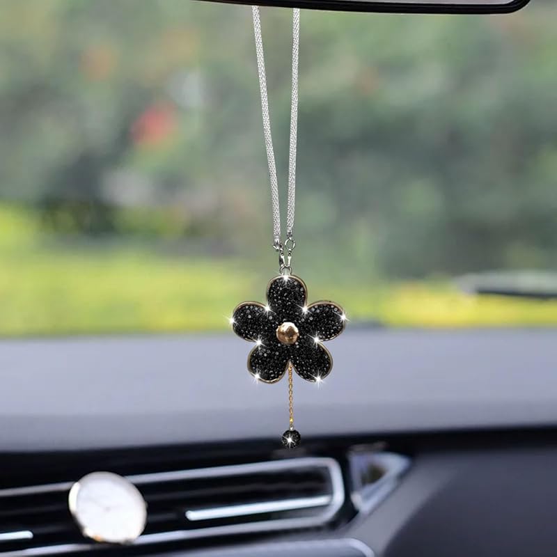 Bling Car Hanging Charm Accessories, Crystal Flower Car Rear View Mirror Pendant Decoration, Car Interior Ornament Accessories for Women Girls