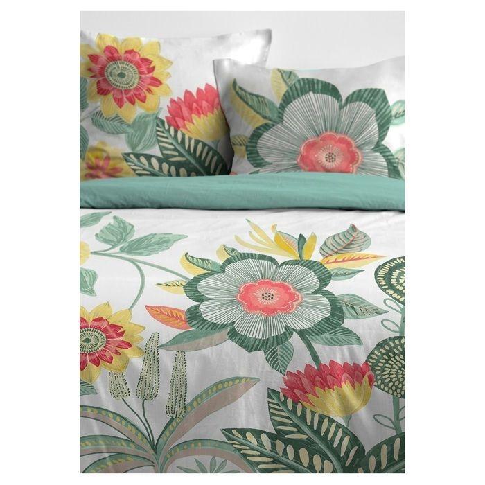 Parure de lit - EDEN - Cassie fleurie - 220 x 240 cm - 100% coton - Motif fleuri vert