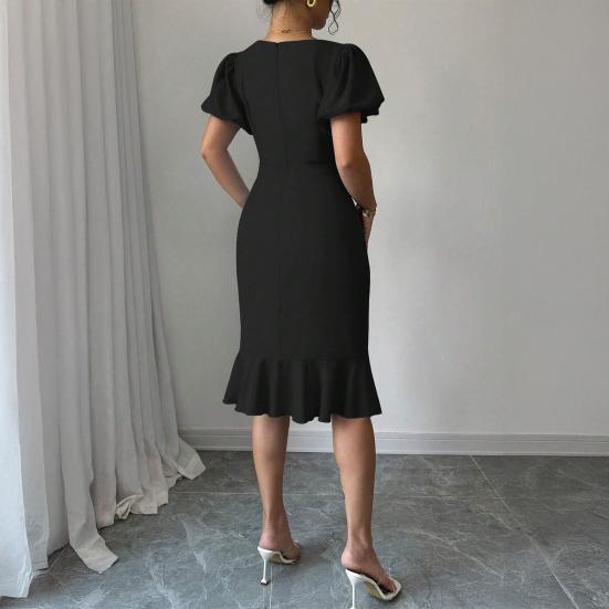 Women's Short Puff Sleeve Bodycon Dresses Crew Neck Ruffle Mermaid Hem Dress Cocktail Wedding