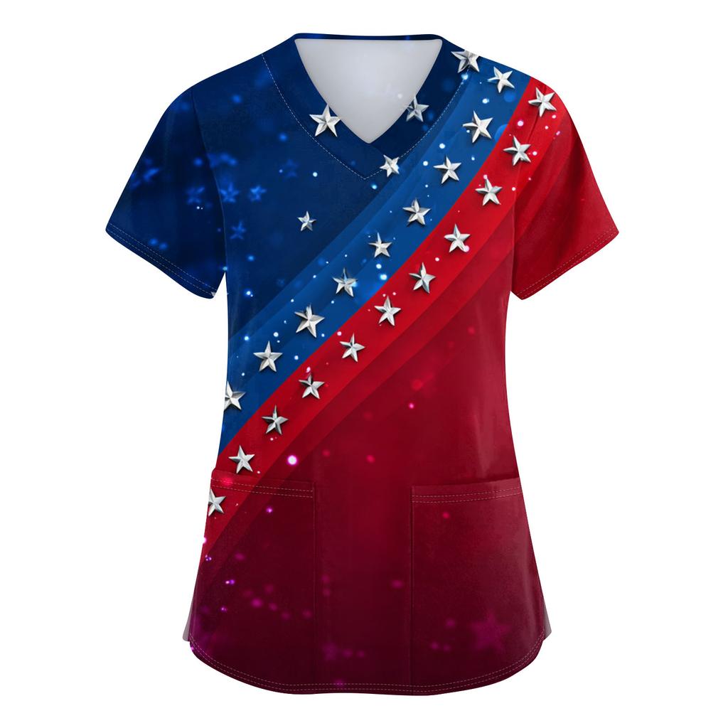 Damen V-Ausschnitt Unabhängigkeitstag Aufdruck Kurzarm Tasche Seitenöffnung Schutzkleidung Arbeitshemd