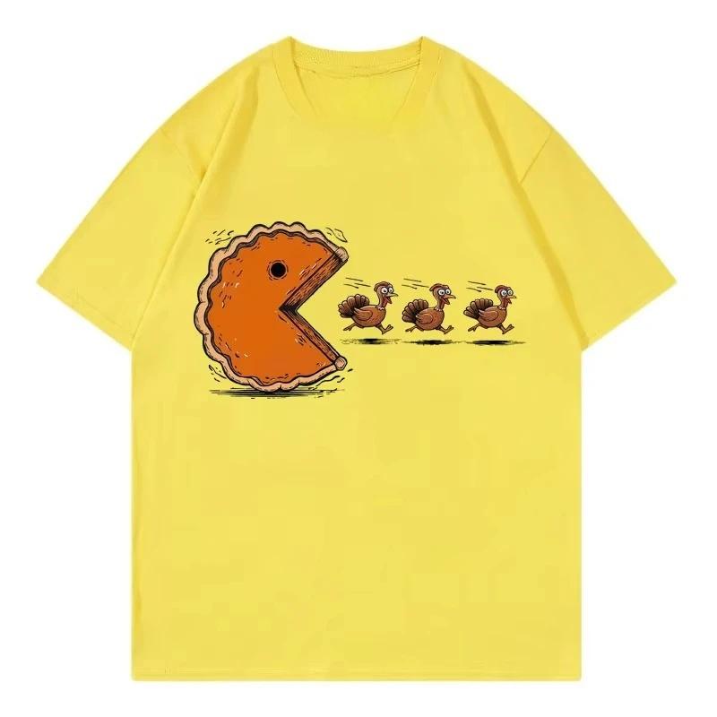 Funny Pumpkin Pie Chasing Turkey Print T Shirt Women Fashion Short Sleeve T-shirt Summer Casual RoundNeck Streetwear Clothing