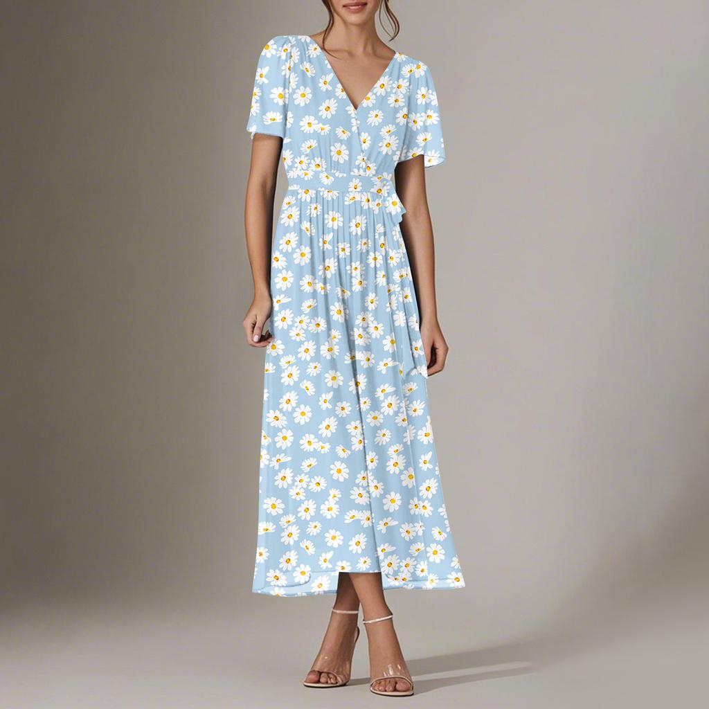 Women's Summer Floral Bohemian Dress Wrap V Neck Short Sleeves Ruffle A-Line Flowy Maxi Dress Summer Dresses For Women