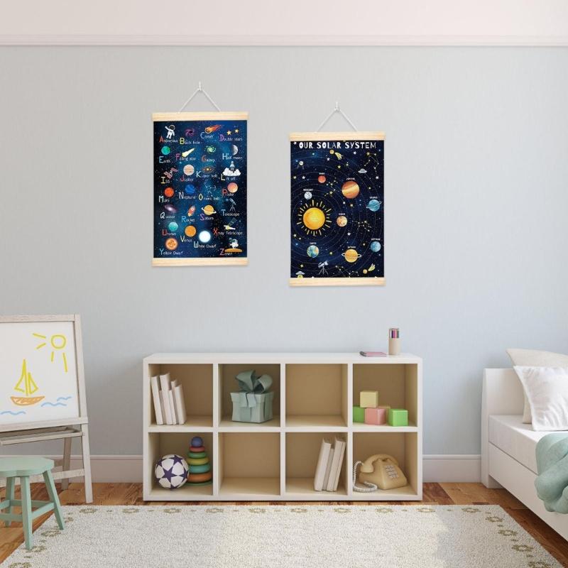 Planet Solar System Wall Art Space Themed Alphabets Poster with Wood Frame for Kids Room Space Decors Educational Poster