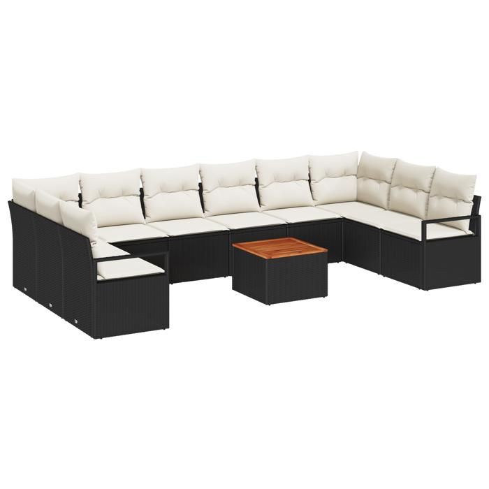 VidaXL Ensemble de canapés de jardin 11 pièces avec coussins Noir Poly Rattan Acacia 3356423