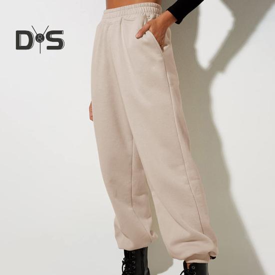 Women Pants High Elastic Waist Ankle Banded Solid Color Casual Soft Warm Pockets Loose Spring Fall Sweatpants Jogging Trousers