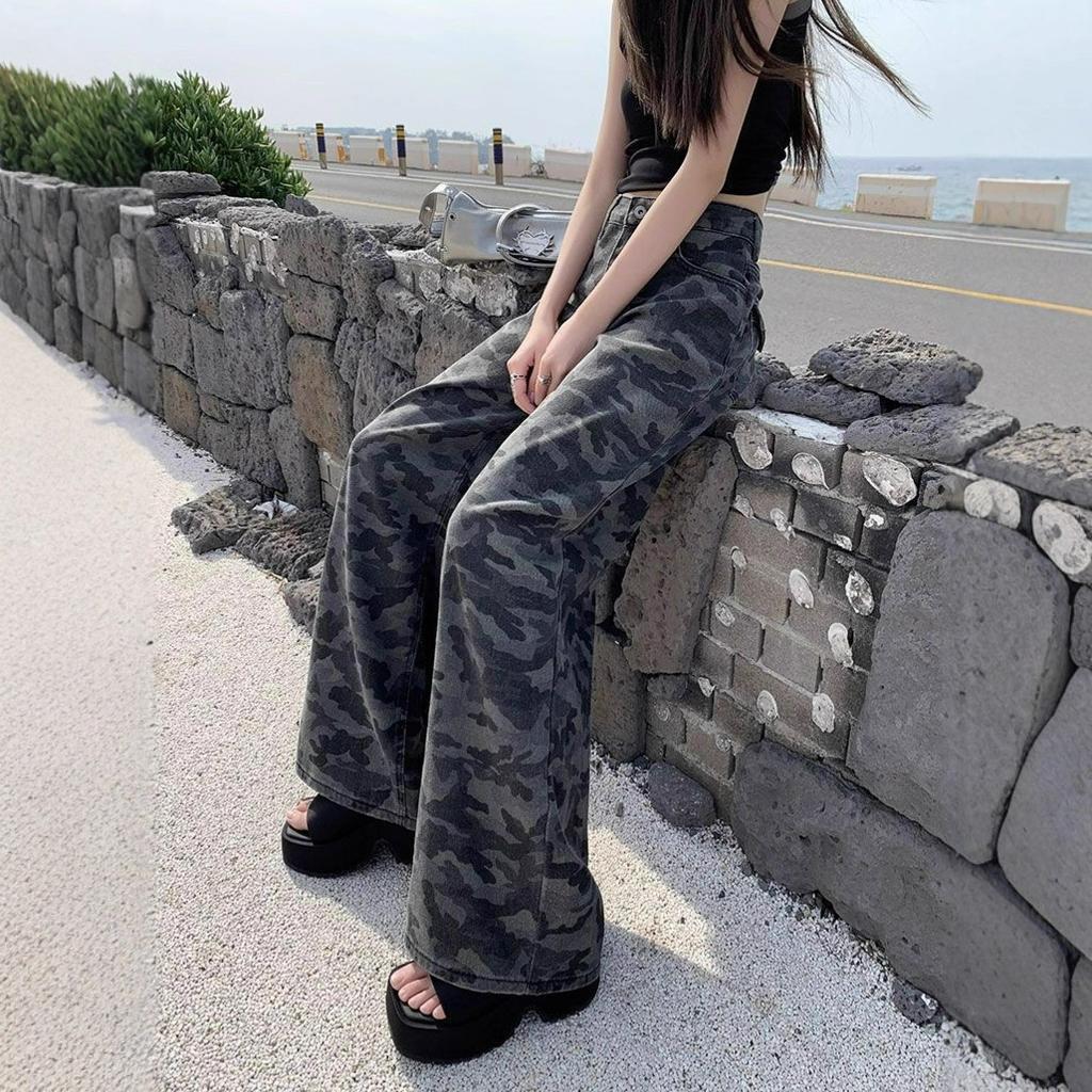 High-waisted Camouflage Wide-legged Jeans Women College Style Autumn Loose Skinny Dragging Ground Trousers Jeans for Women Long Denim Pants