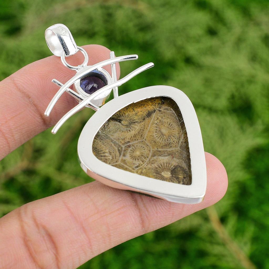 Okazja na Dzień Córki Srebro 925 Gruszka Kamień Koralowy Skamieniały Tanzanit Kwarc Wisiorek