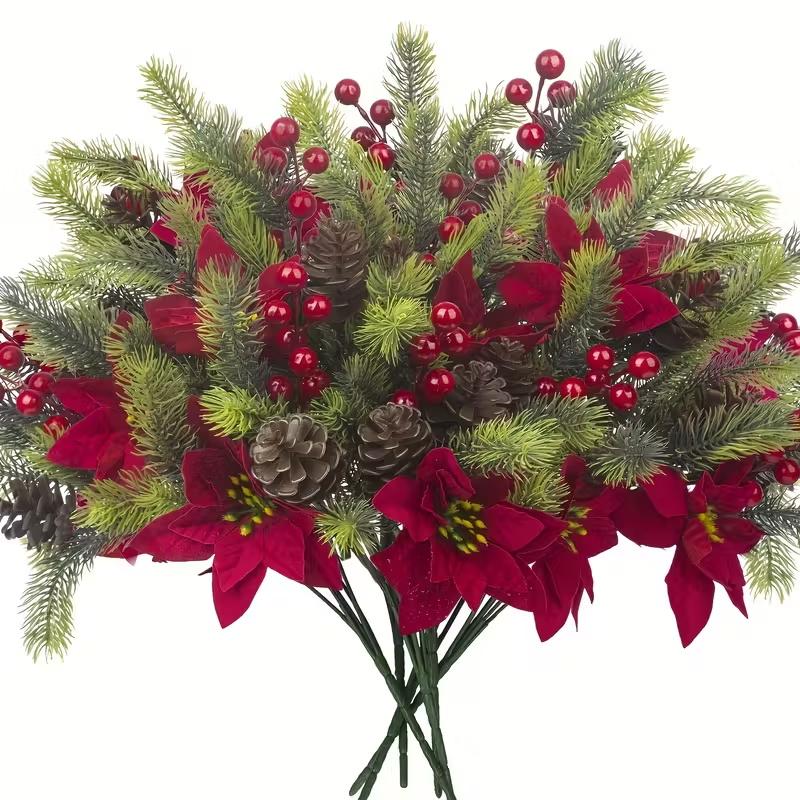 4pcs Artificial Christmas Pine Branches with Red Berries, Artificial Evergreen Branches, Classic Poinsettia Design, Perfect for Halloween, Christmas