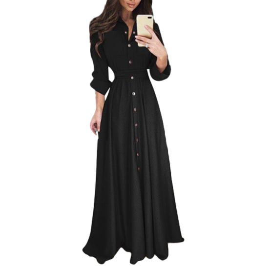 Women Single-Breasted Button Long Sleeve Turn-down Collar Dance Party Maxi Dress