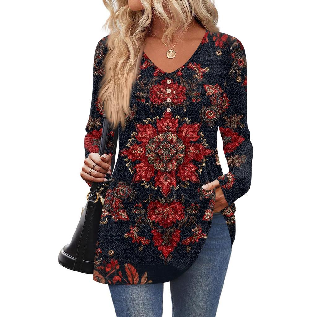 Women's Fashion Casual Long Sleeve Solid Color Shirt Women's V-Neck Tops
