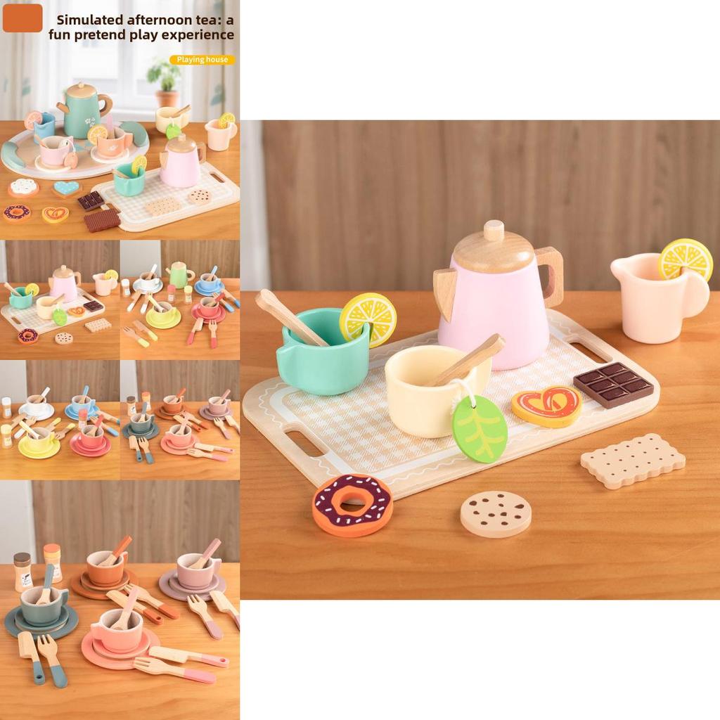 Wooden Afternoon Tea Cookies Cups Tableware Set Children Toys For Imaginative Pretend Play