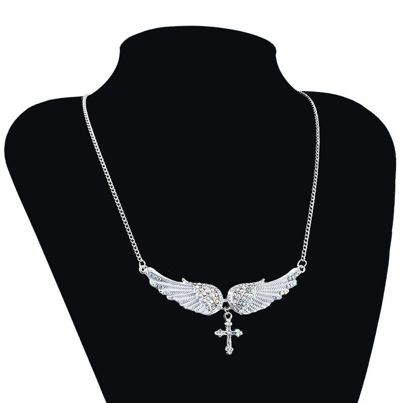 Diamond Simulated Decorated Angel Wing Cross Pendant Necklace For Ladies