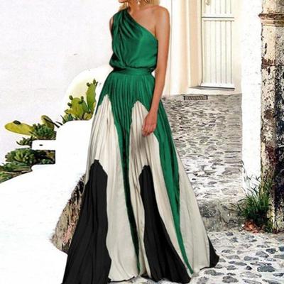 1 Set Banquet Dress Contrast Color Breathable Floor Length Big Hem Evening Dress Prom Clothes