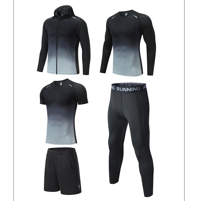 2024 Spring & Autumn Men's & Kids' 5-Piece Quick-Dry Fitness Set: Compression Shirt & Hooded Jacket for Running