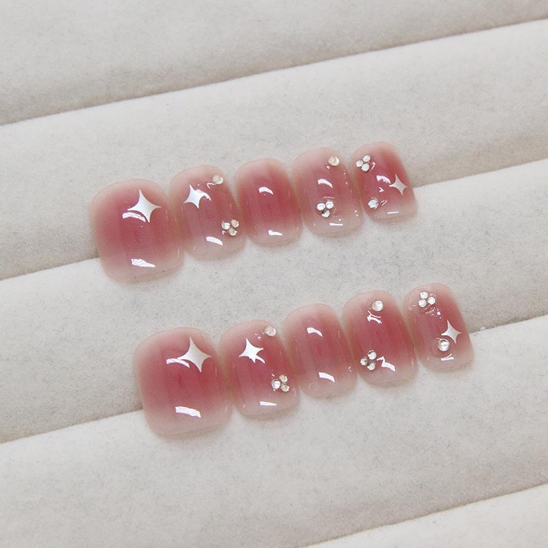 Sweet Nail Patch Removable Nail Star Wearing Nail Solid Color Blush Nail Patch Diamond Short Nail 24 pieces