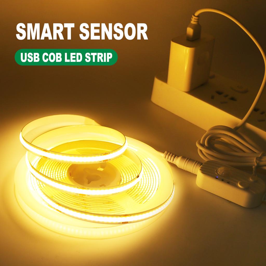 PIR Hareket Sensörlü USB 5V COB LED Şerit 3MM 5MM 8MM 320LED/M Yüksek Yoğunluklu Esnek FOB LED Bant 3000K-6000K Şerit Halat Işıkları