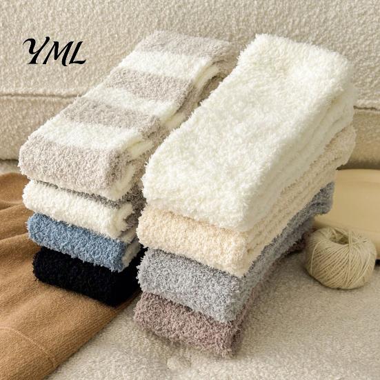 Elastic Thermal Leggings for Home Coral Fleece Leg Warmers Women, Thickened Winter Knee High Indoor Cold Weather Socks, Striped/Solid Color,
