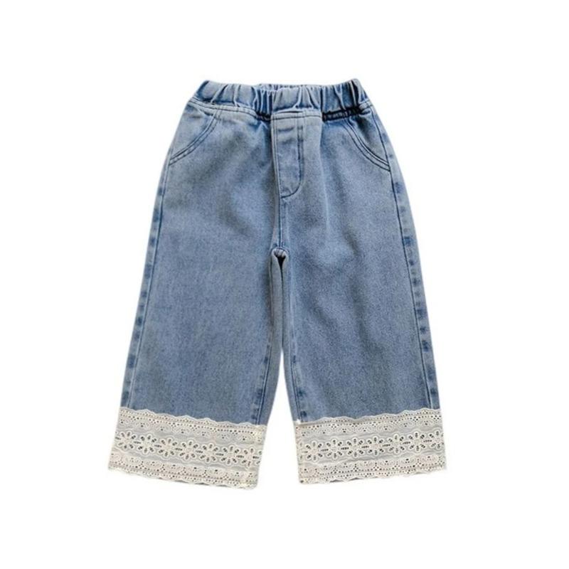 Summer  Blue Jeans Simple Kids Clothes Girls Korean Edition Fashion Lace Decoration Casual Pants