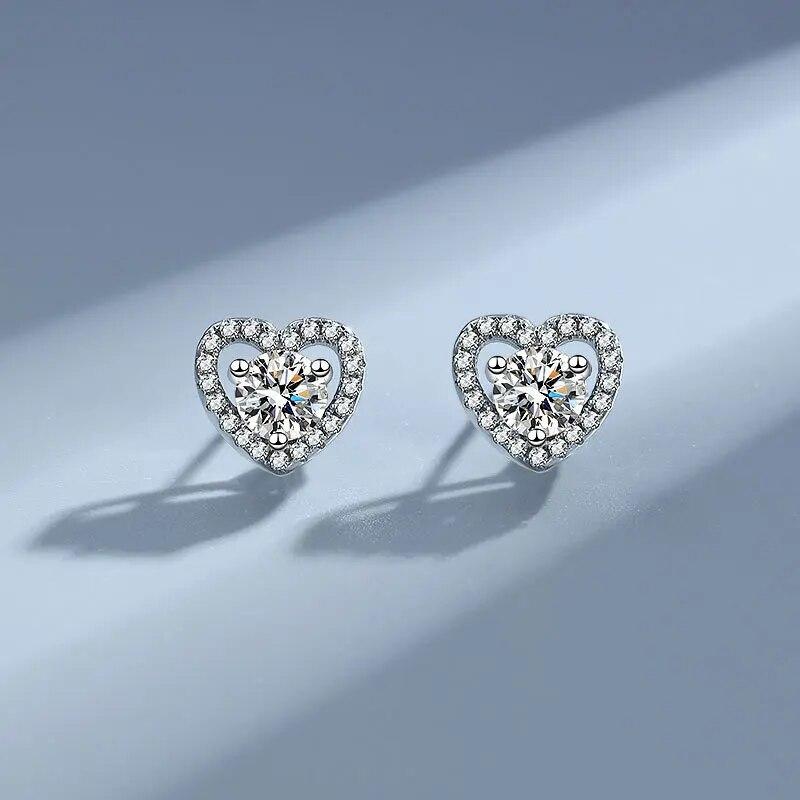 Sterling Silver 100% 925 Earrings for Women Certified Moissantie D Color Ear Studs Heart Shape Round Birthday Gift Fine Jewelry