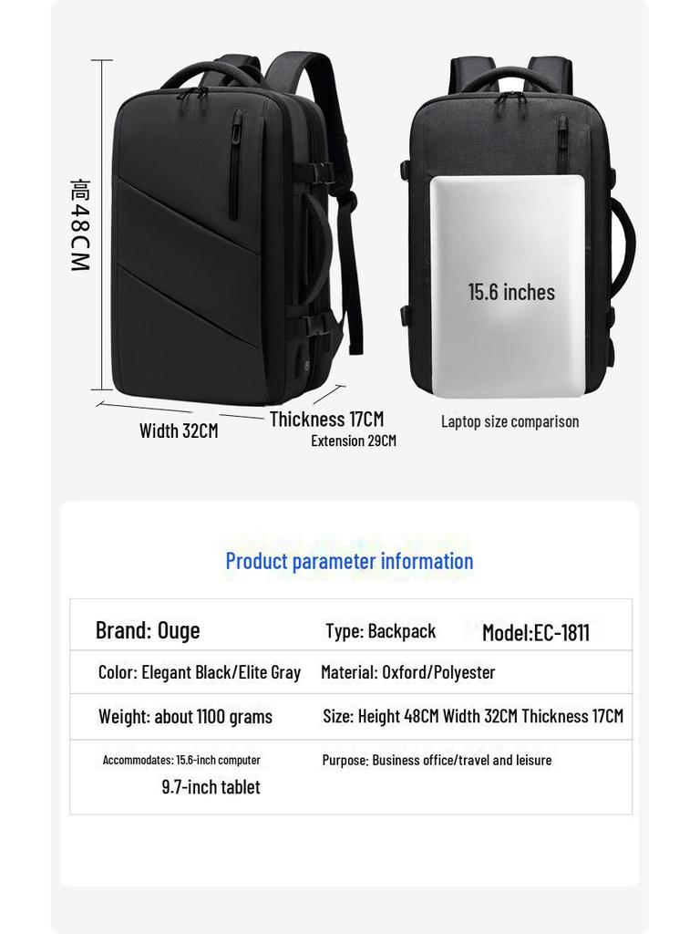 Men's Expandable Waterproof Business Travel Backpack, Large Capacity, Oxford Cloth, for Laptops.