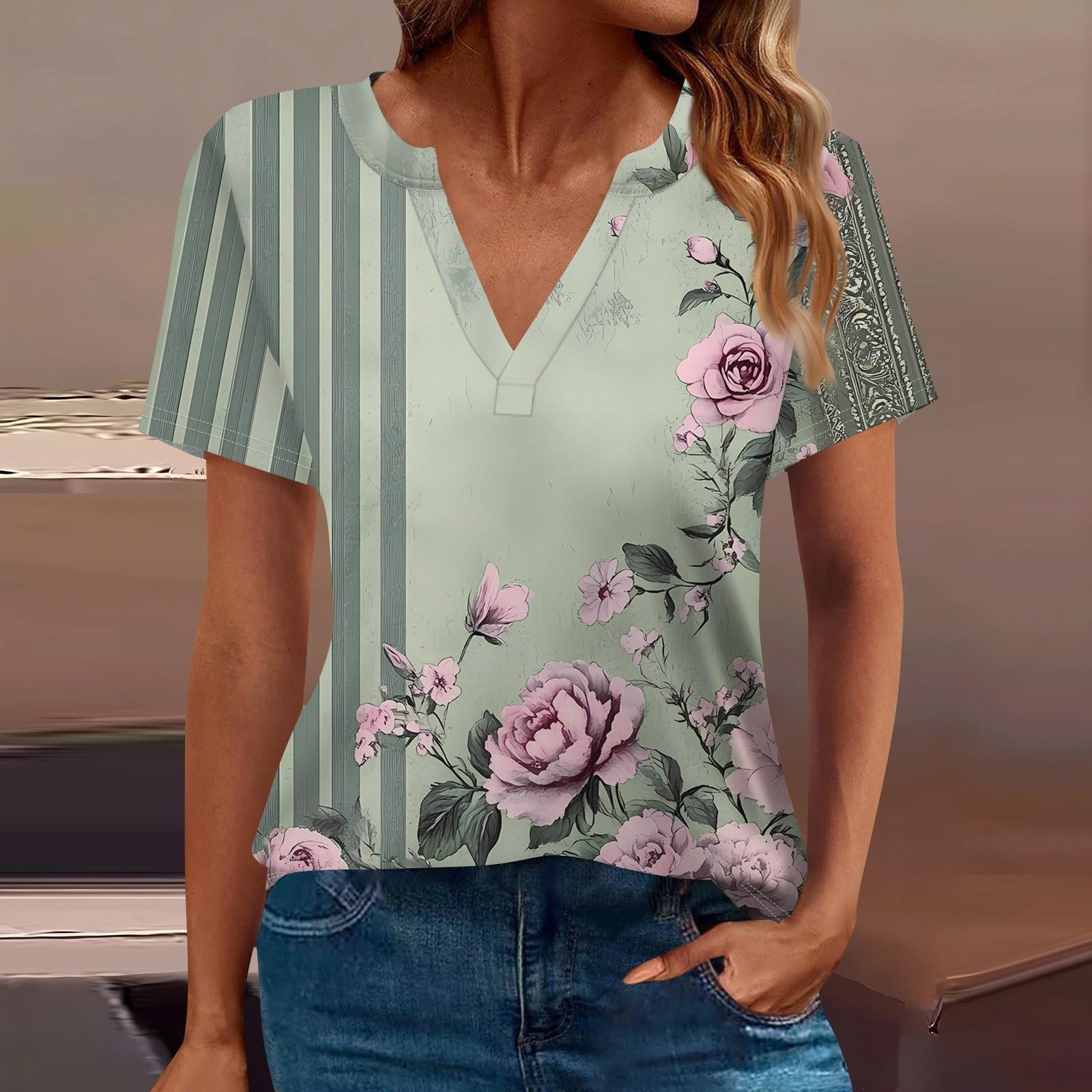 

Жіноча футболка з принтом і короткими рукавами, щоденна мода на вихідні, базовий V-подібний виріз, звичайний топ S