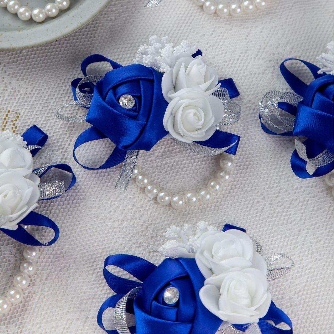 Lovegrace Браслет для корсажей на запястье с розами, искусственные цветы на запястье, браслет для подружек невесты, свадебный свадебный цветок на руку синий