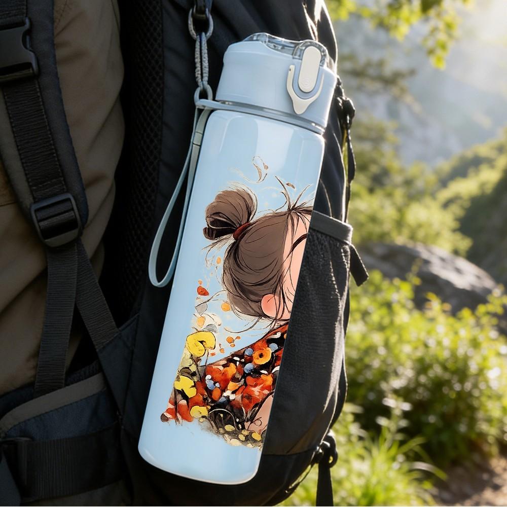 1PC Little Girl Oriental Style Art Print 750ml Color Plastic Sports Water Bottle Leakproof Flip Straw Lid Suitable for Sports Office Home Use