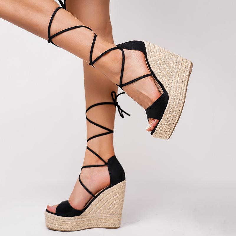 

Туфли на толстой подошве с перекрестными ремешками, супервысокий каблук, танкетка, соломенная веревка, водонепроницаемая платформа, модные сандалии для женщин 35 чёрный