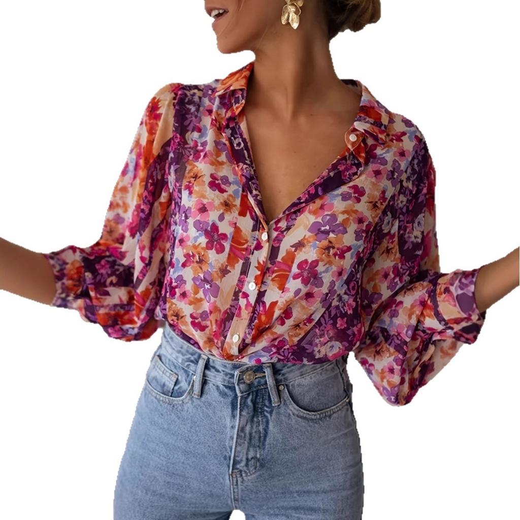 2025 Autumn New Style, Single Row Multi Button Shirt, Women's, European and American, Thin Style, Casual Style, Floral Print, Long Sleeved Top