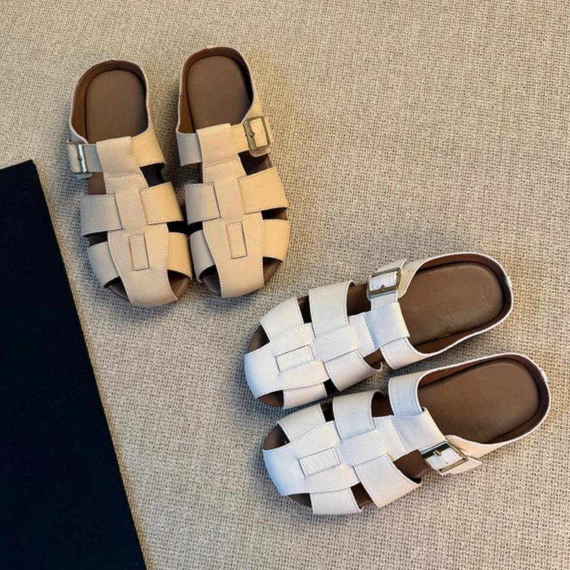 Sheepskin one-pedal women's outer wear hollow slippers women's breathable leather thick-soled beach toe shoes